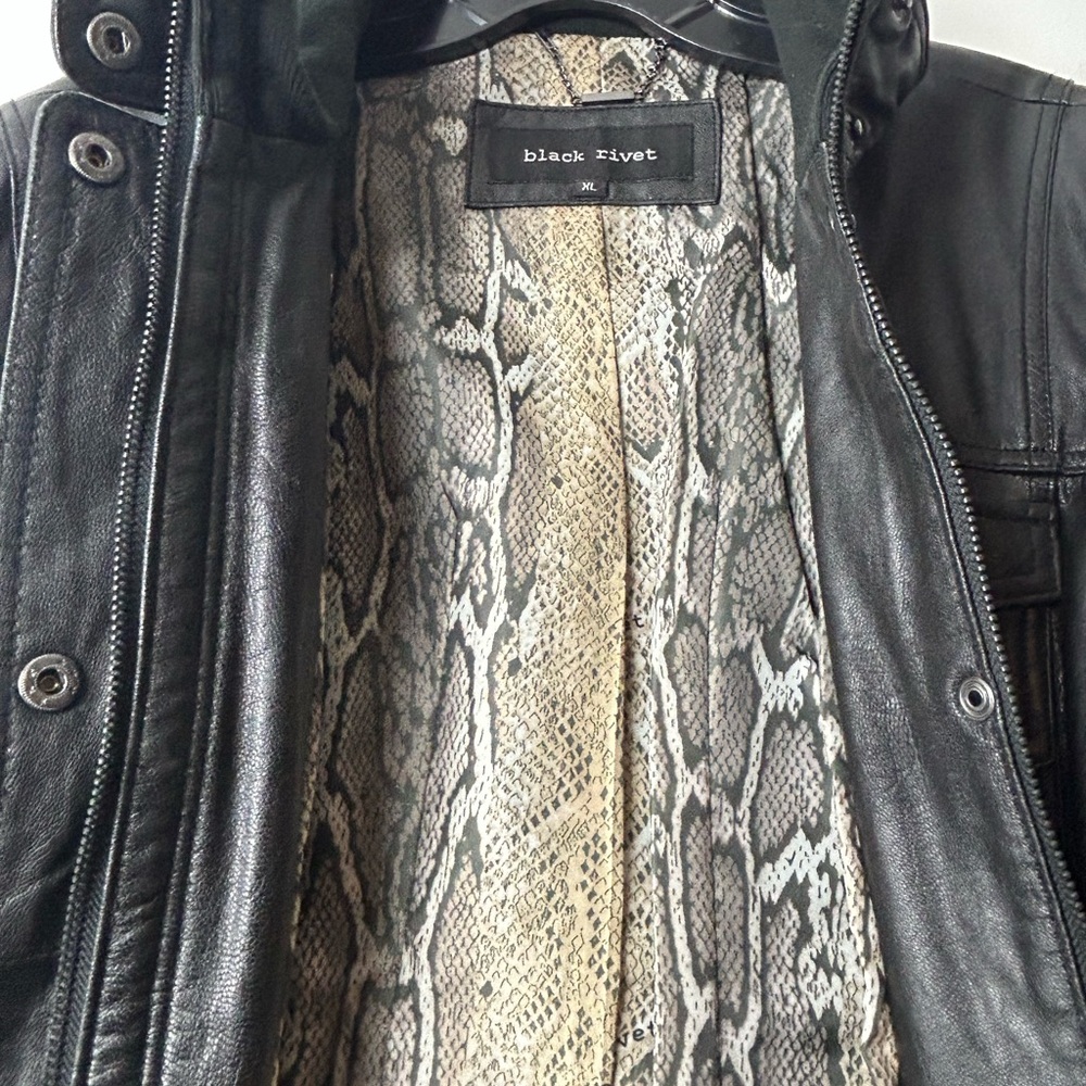 Black Rivet Black Leather Jacket with Snake Print Lining